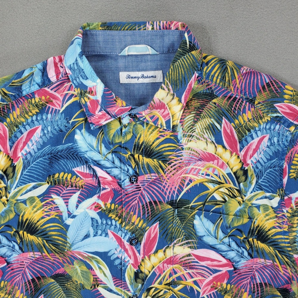 Tommy Bahama Button-Up Shirt Men M Blue Multi Tropical‎ Floral Tencel Cotton